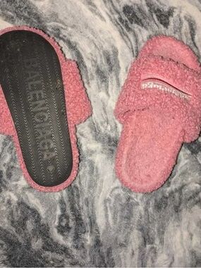 Balenciaga Pink Fuzzy Slide Slippers